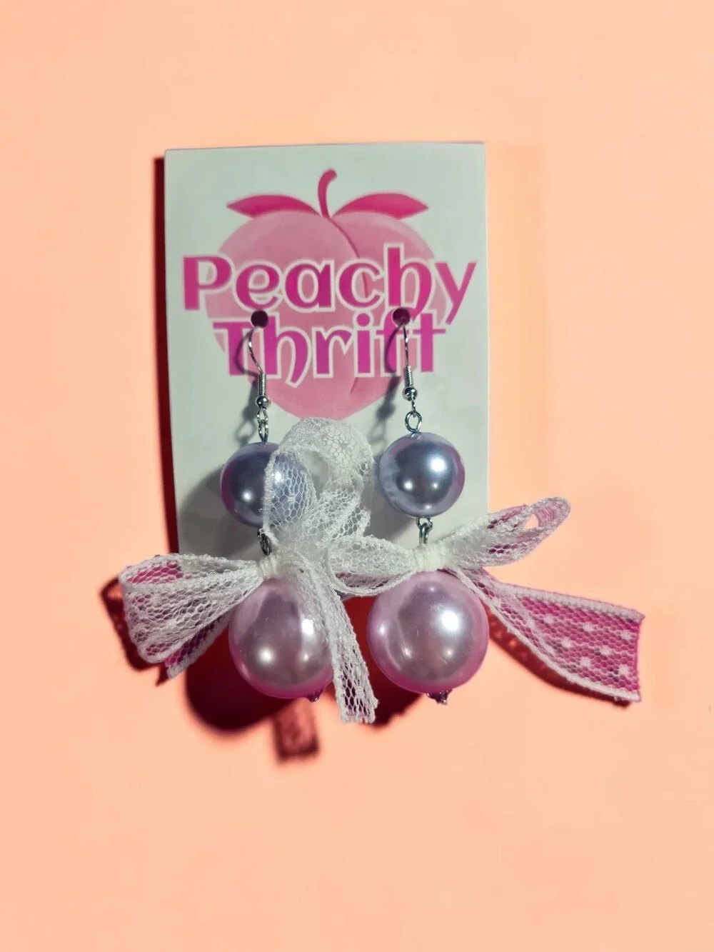 Iridescent Lavender Pearl Drops with White Lace Bows